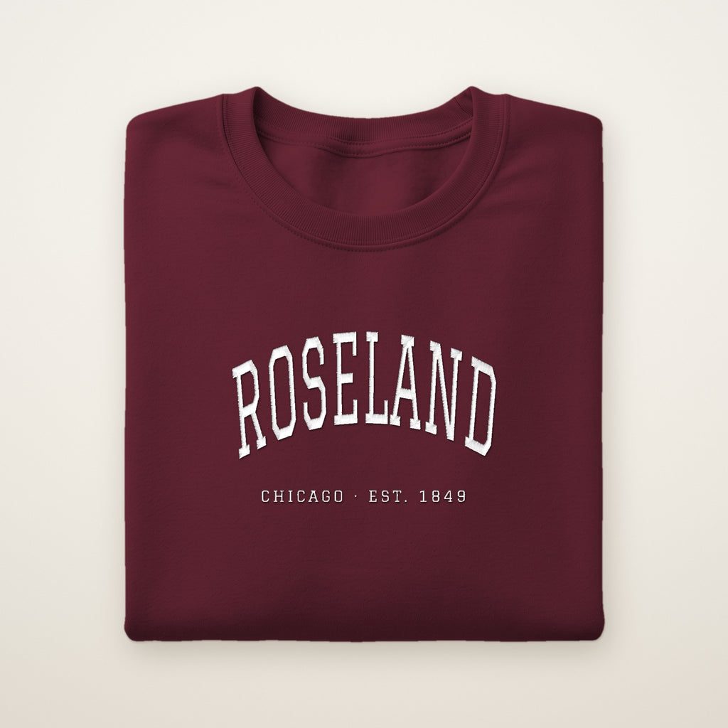 Roseland Chicago Embroidered Crewneck — White Thread on Maroon