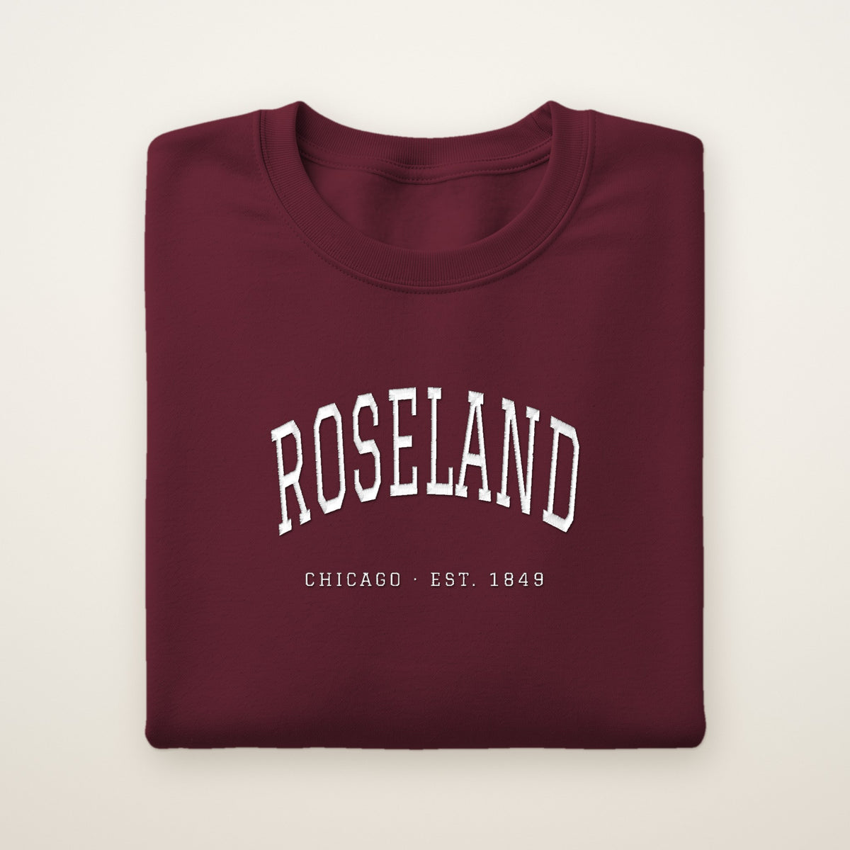Roseland Chicago Embroidered Crewneck — White Thread on Maroon