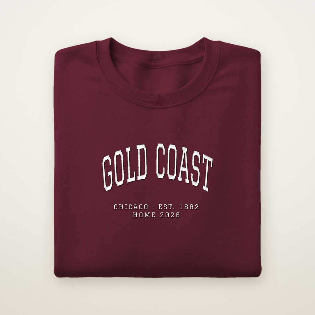 Gold Coast Chicago Home 2026 Embroidered Crewneck — White Thread on Maroon