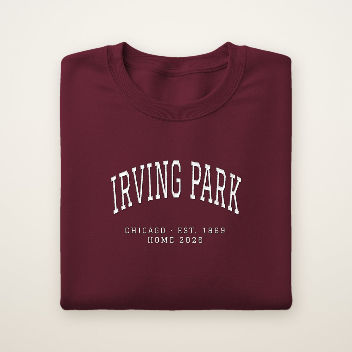 Irving Park Chicago Home 2026 Embroidered Crewneck — White Thread on Maroon