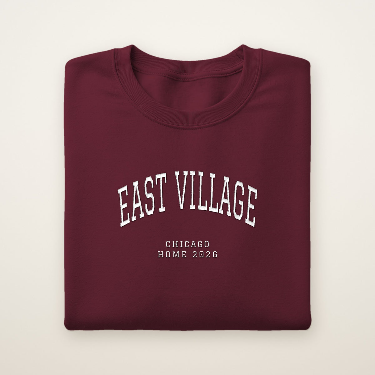 East Village Chicago Home 2026 Embroidered Crewneck — White Thread on Maroon