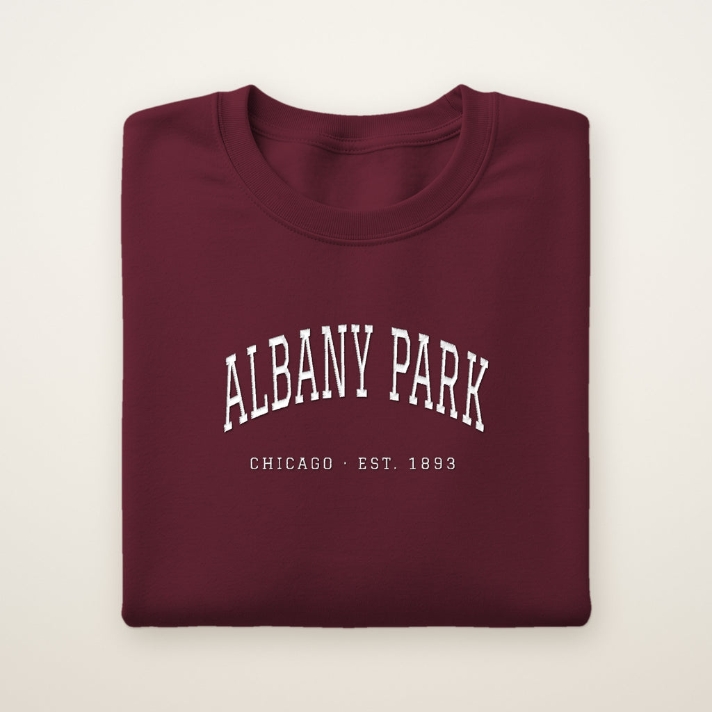 Albany Park Chicago Embroidered Crewneck — White Thread on Maroon