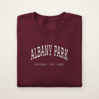 Albany Park Chicago Embroidered Crewneck — White Thread on Maroon