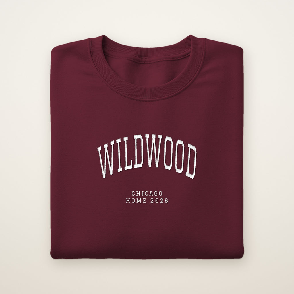 Wildwood Chicago Home 2026 Embroidered Crewneck — White Thread on Maroon