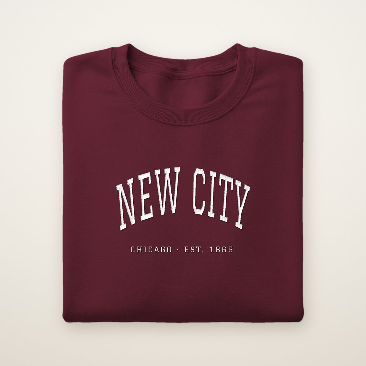 New City Chicago Embroidered Crewneck — White Thread on Maroon