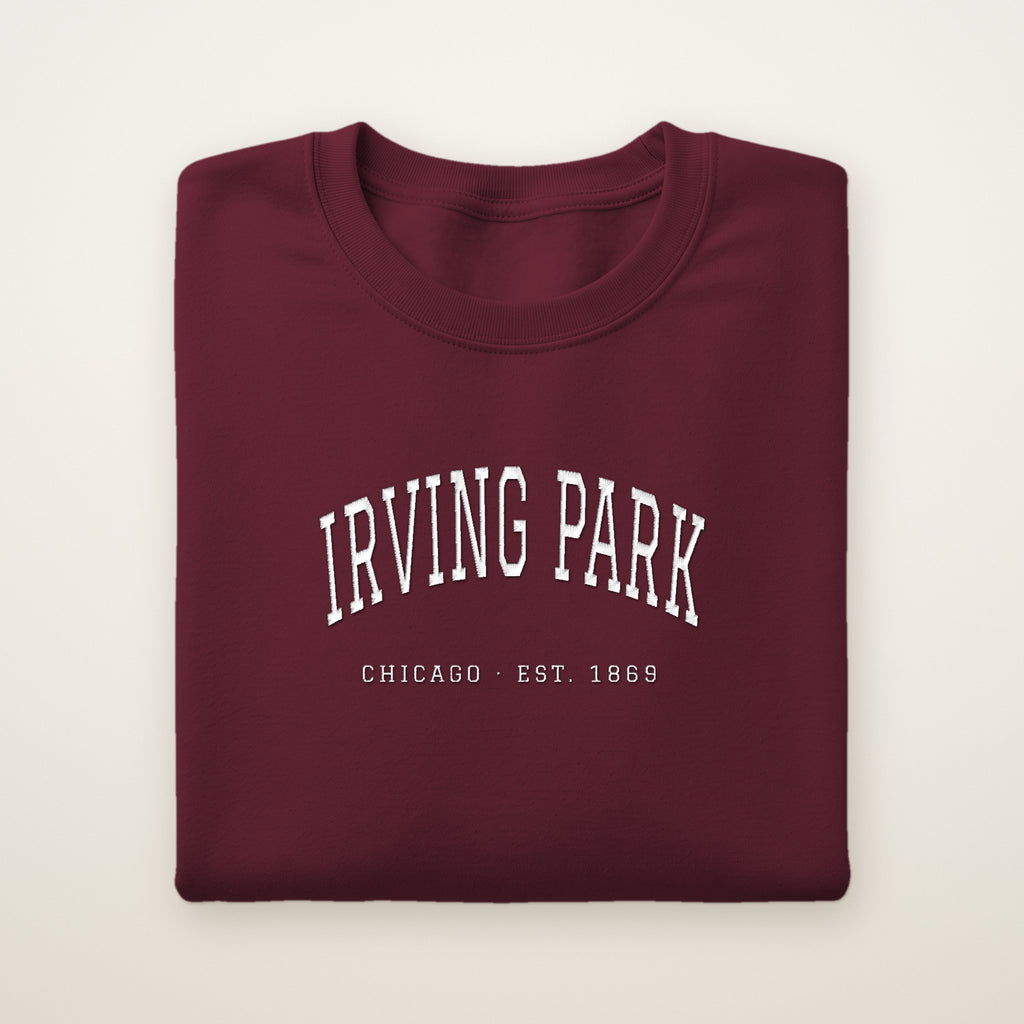 Irving Park Chicago Embroidered Crewneck — White Thread on Maroon