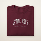 Irving Park Chicago Embroidered Crewneck — White Thread on Maroon