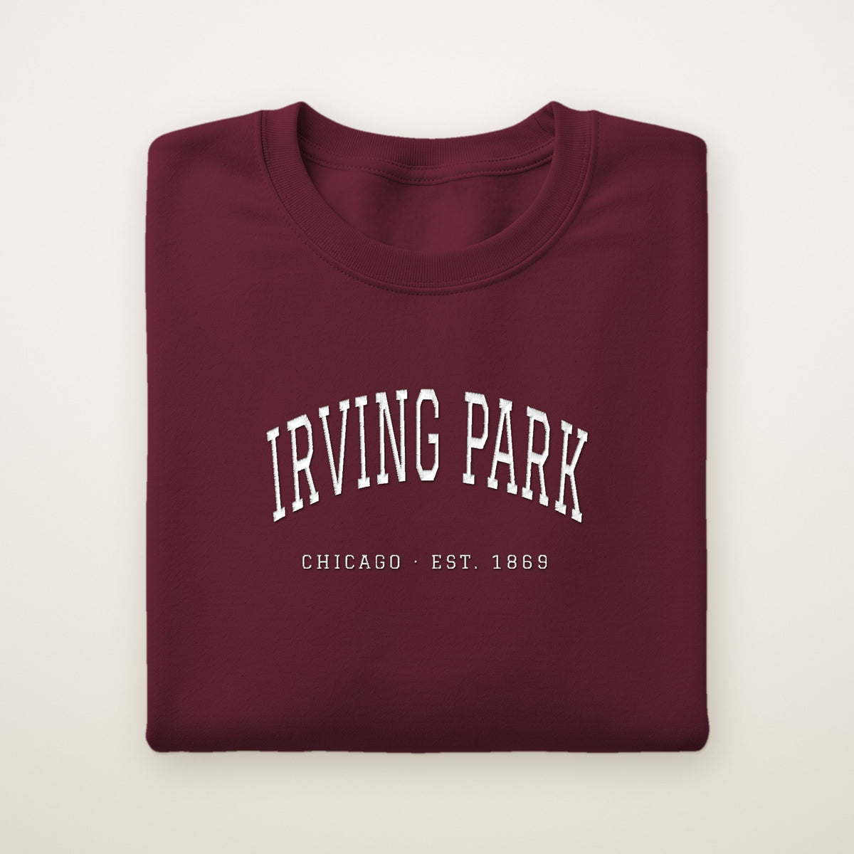 Irving Park Chicago Embroidered Crewneck — White Thread on Maroon