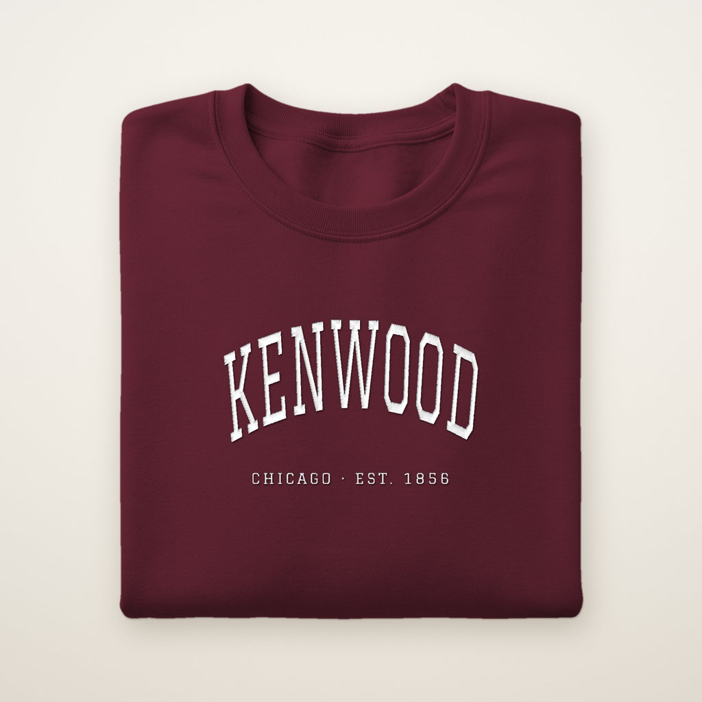 Kenwood Chicago Embroidered Crewneck — White Thread on Maroon