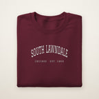 South Lawndale Chicago Embroidered Crewneck — White Thread on Maroon