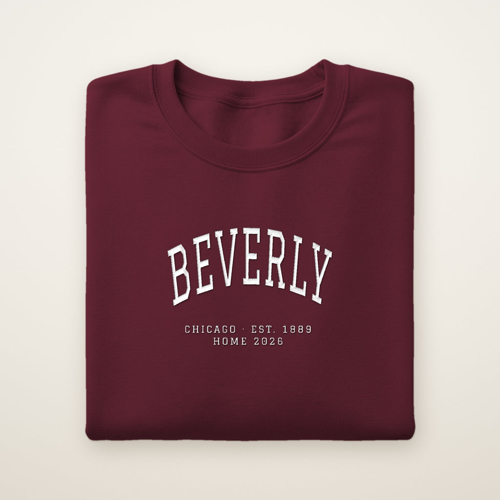 Beverly Chicago Home 2026 Embroidered Crewneck — White Thread on Maroon