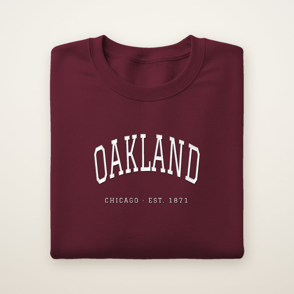 Oakland Chicago Embroidered Crewneck — White Thread on Maroon
