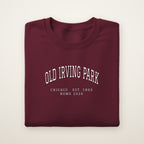 Old Irving Park Chicago Home 2026 Embroidered Crewneck — White Thread on Maroon