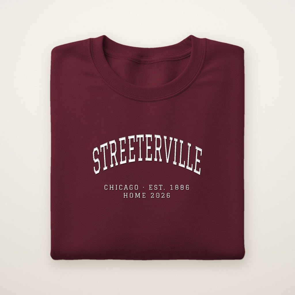 Streeterville Chicago Home 2026 Embroidered Crewneck — White Thread on Maroon