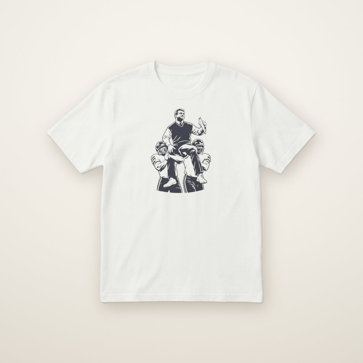 Mike Ditka Carried Off the Field Silhouette T-Shirt in White, flat lay on ivory