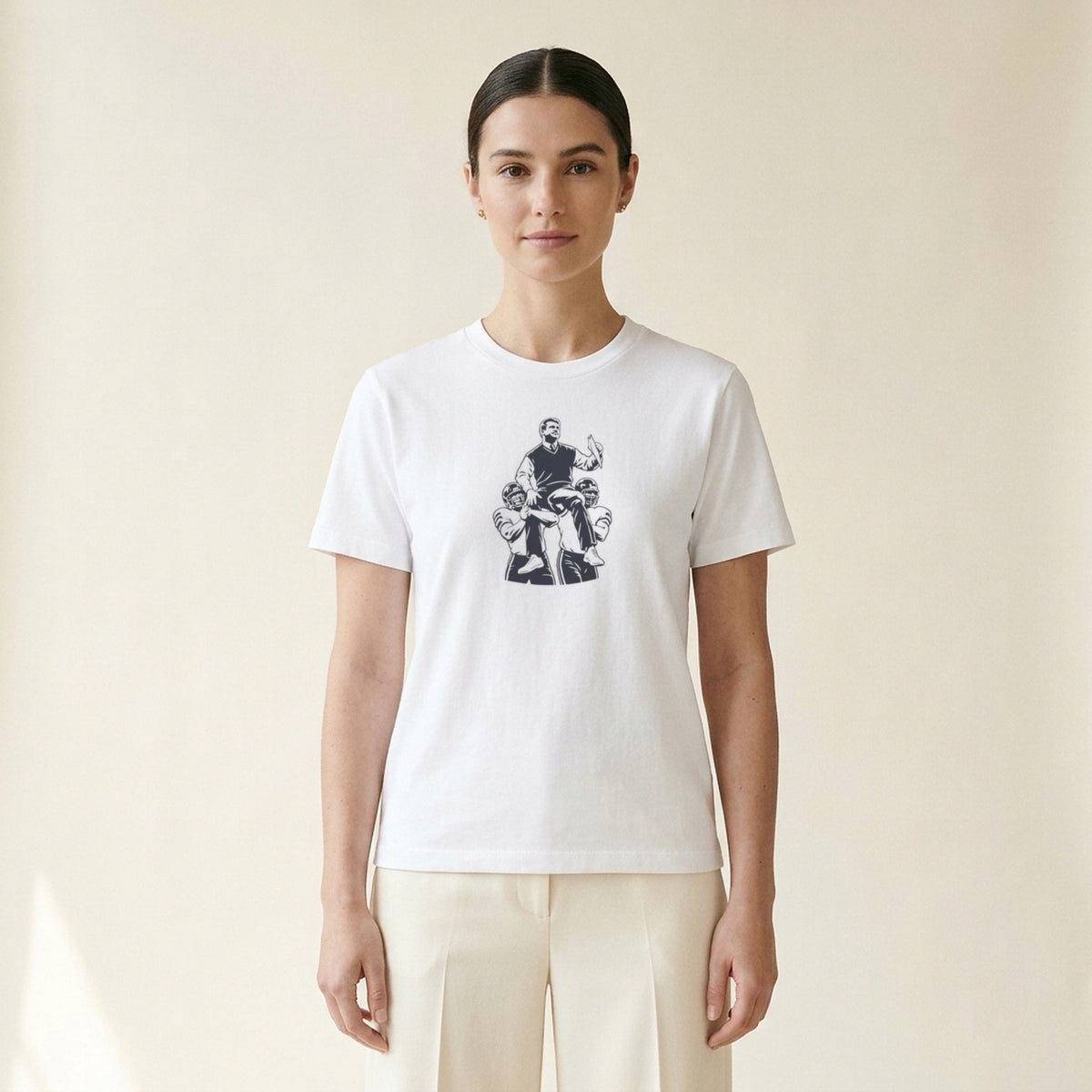 Model wearing the Mike Ditka Carried Off the Field Silhouette T-Shirt in White