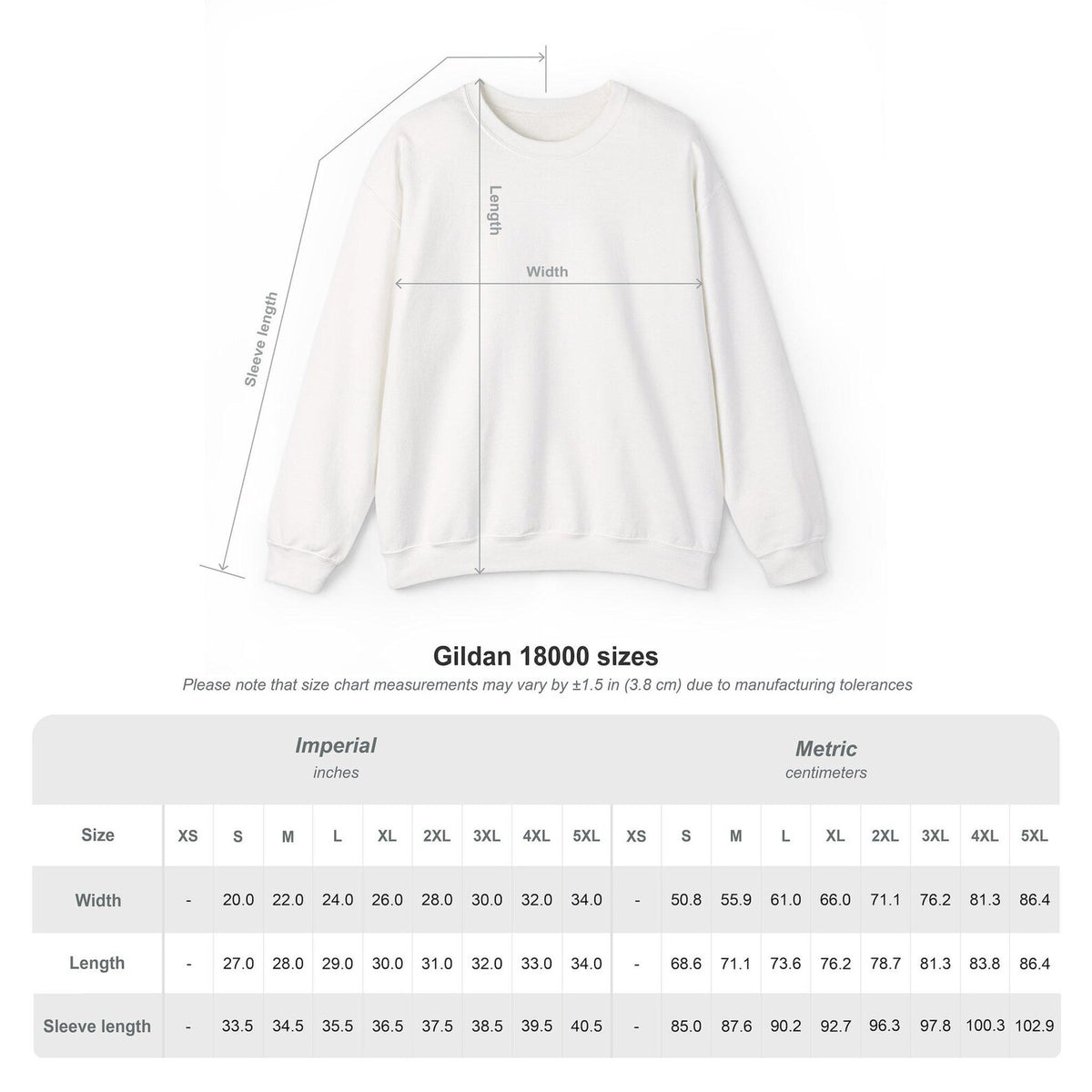 Unisex crewneck sweatshirt size chart