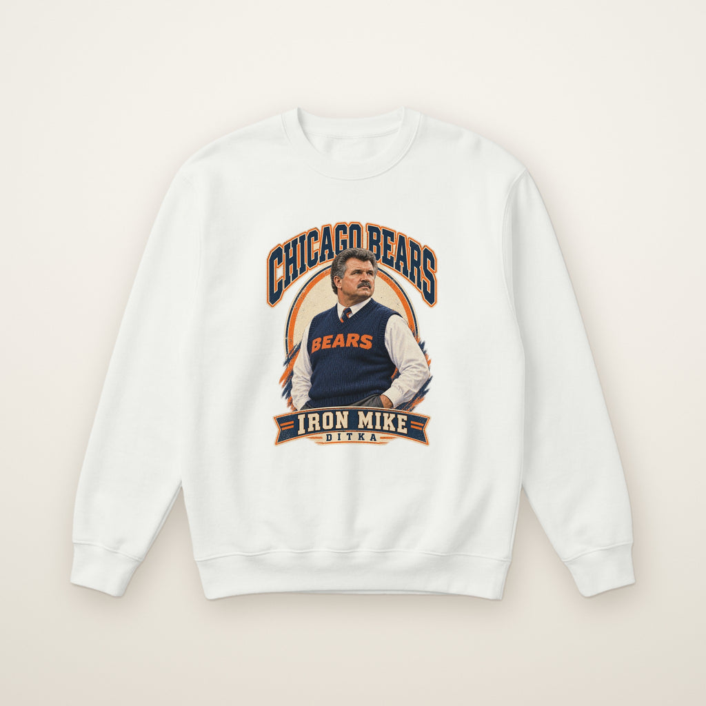 Mike Ditka Iron Mike Crewneck in White, flat lay on ivory