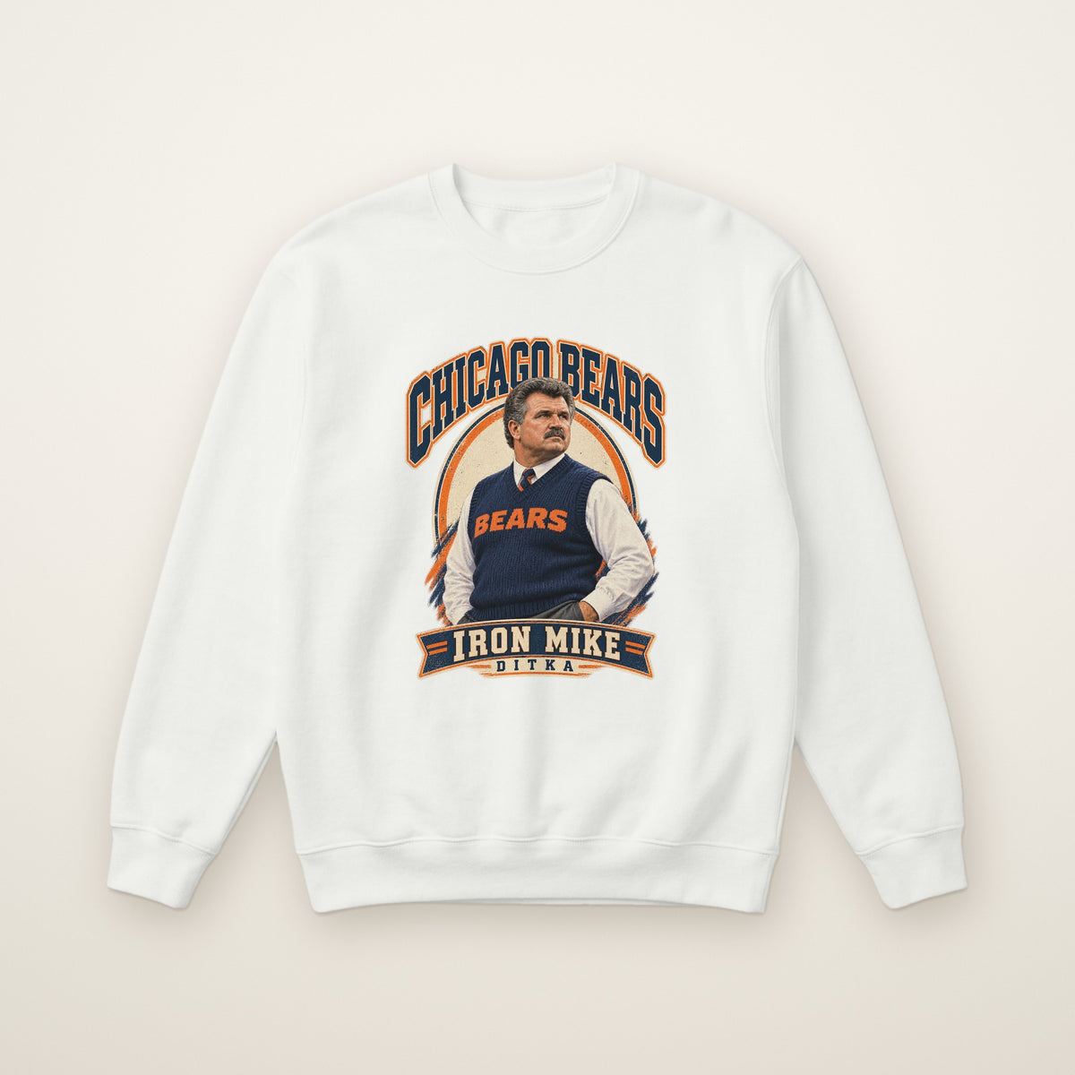 Mike Ditka Iron Mike Crewneck in White, flat lay on ivory