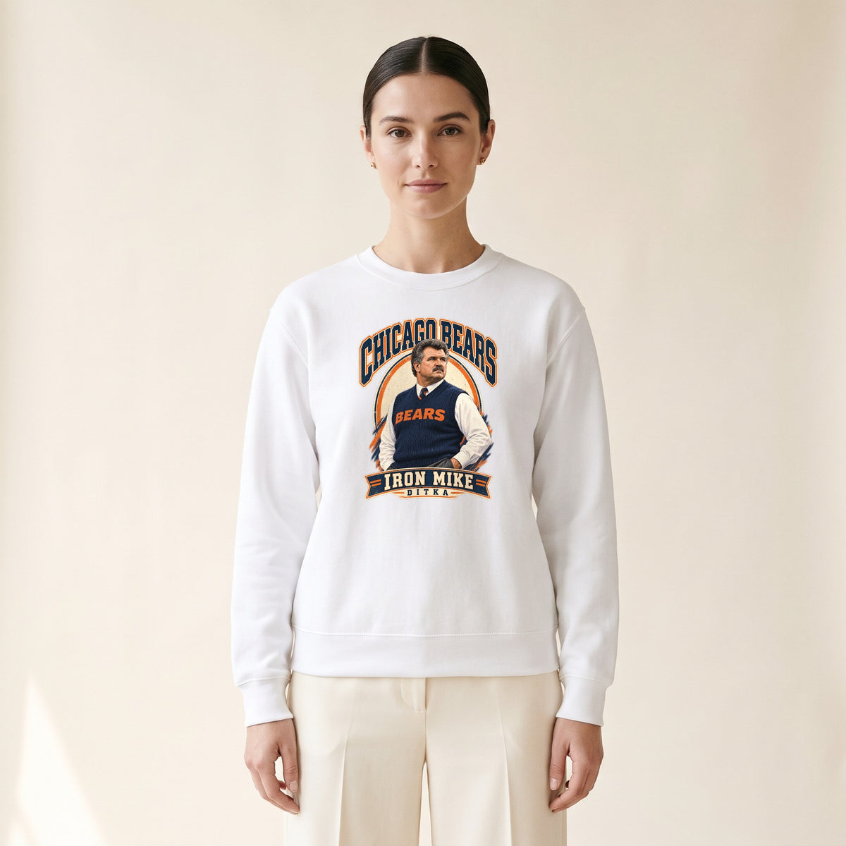 Model wearing the Mike Ditka Iron Mike Crewneck in White