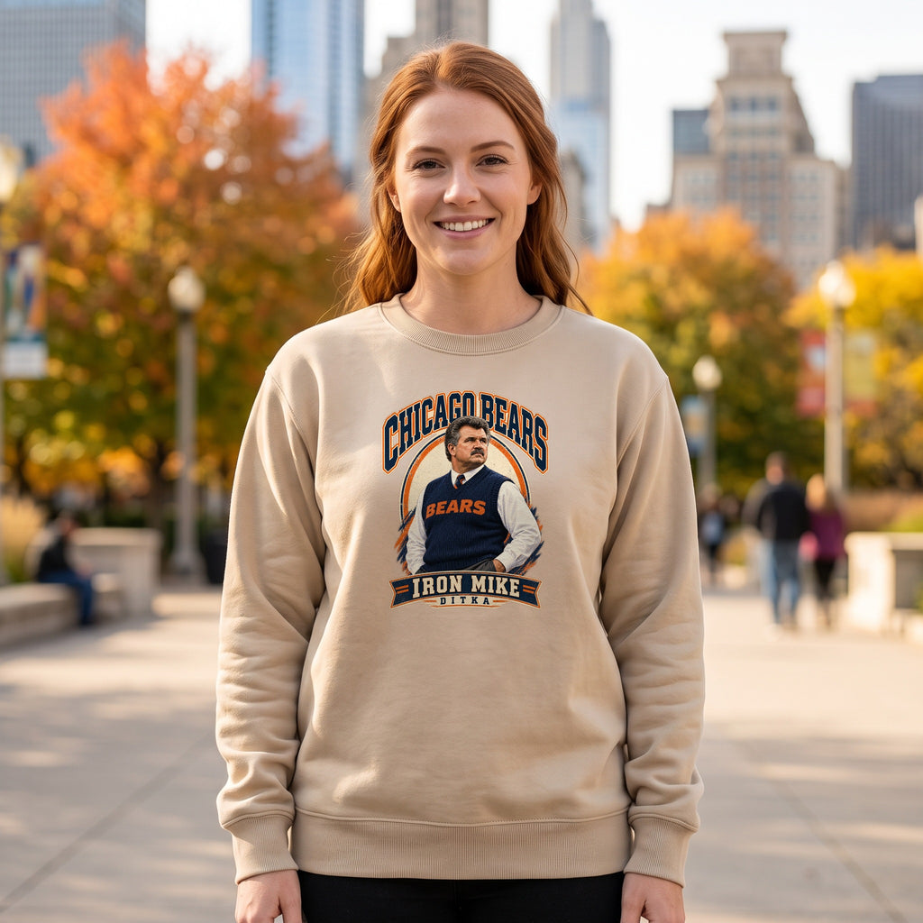 Mike Ditka "Iron Mike" Crewneck Sweatshirt — sand crewneck on women's model, fall trees