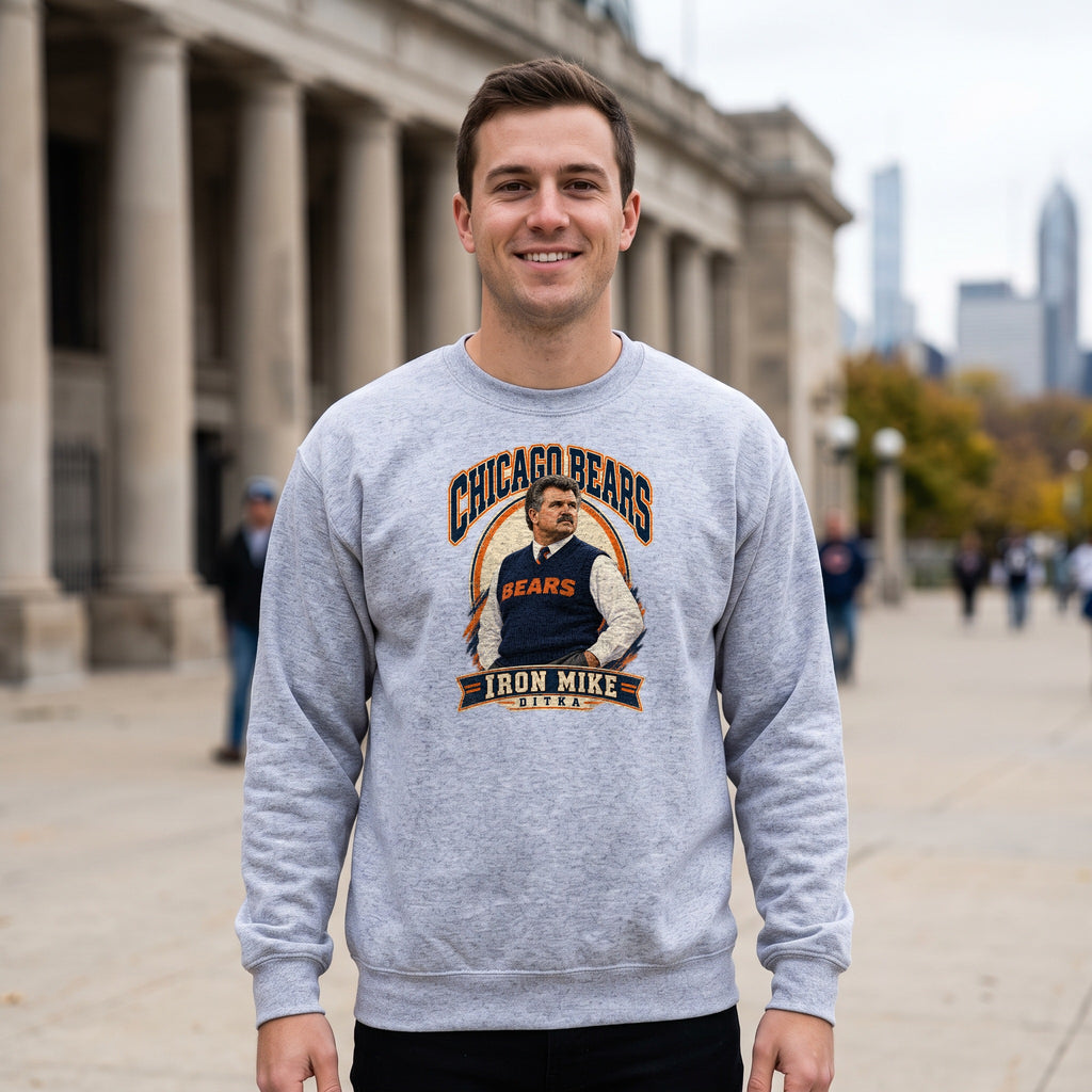 Mike Ditka "Iron Mike" Crewneck Sweatshirt — sport grey crewneck on men's model