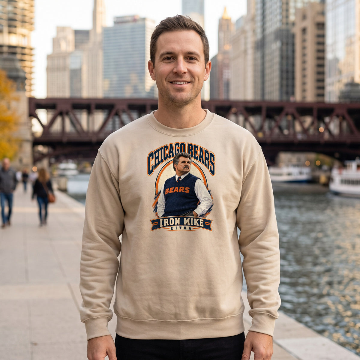 Mike Ditka "Iron Mike" Crewneck Sweatshirt — sand crewneck on men's model, Chicago River
