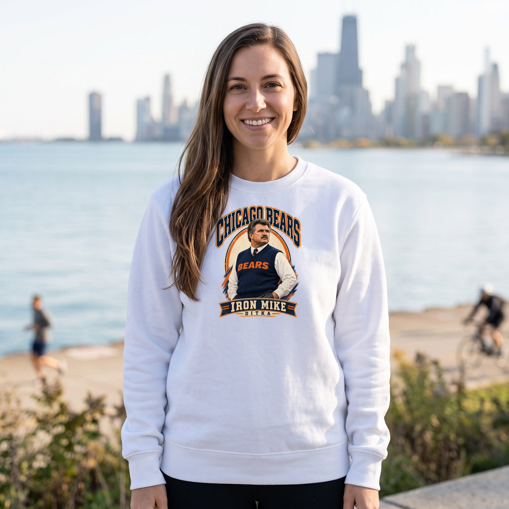 Mike Ditka "Iron Mike" Crewneck Sweatshirt — white crewneck on women's model, lakefront