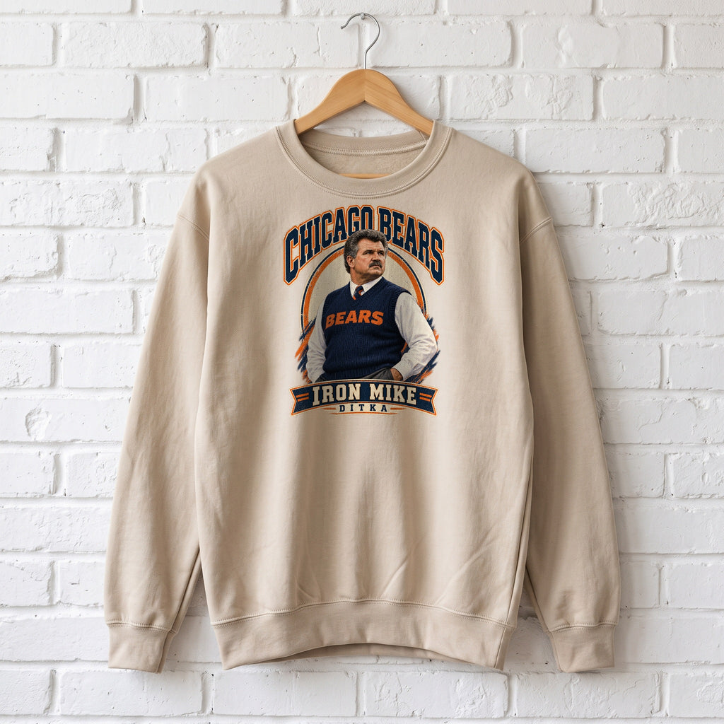 Mike Ditka "Iron Mike" Crewneck Sweatshirt — sand crewneck on a wooden hanger