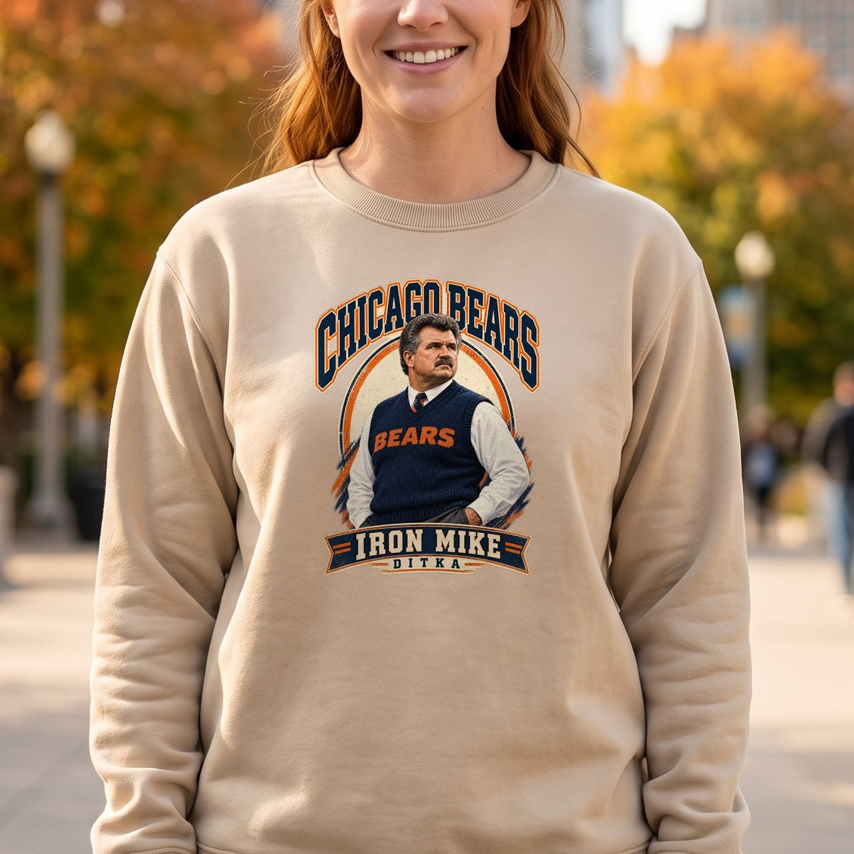 Mike Ditka "Iron Mike" Crewneck Sweatshirt — close-up of the print