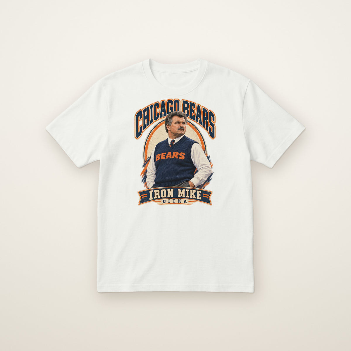 Mike Ditka Iron Mike Tee in White, flat lay on ivory