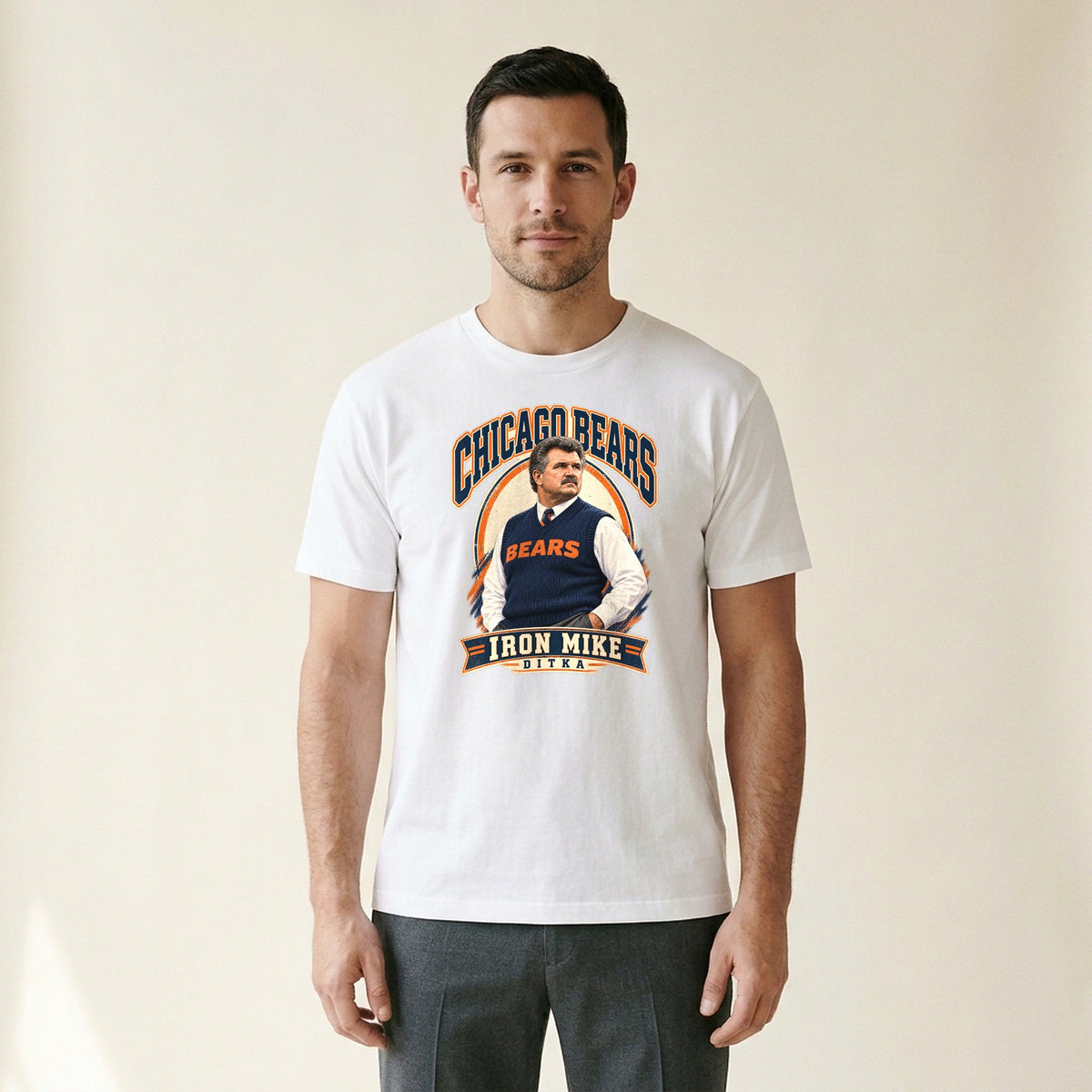 Model wearing the Mike Ditka Iron Mike Tee in White
