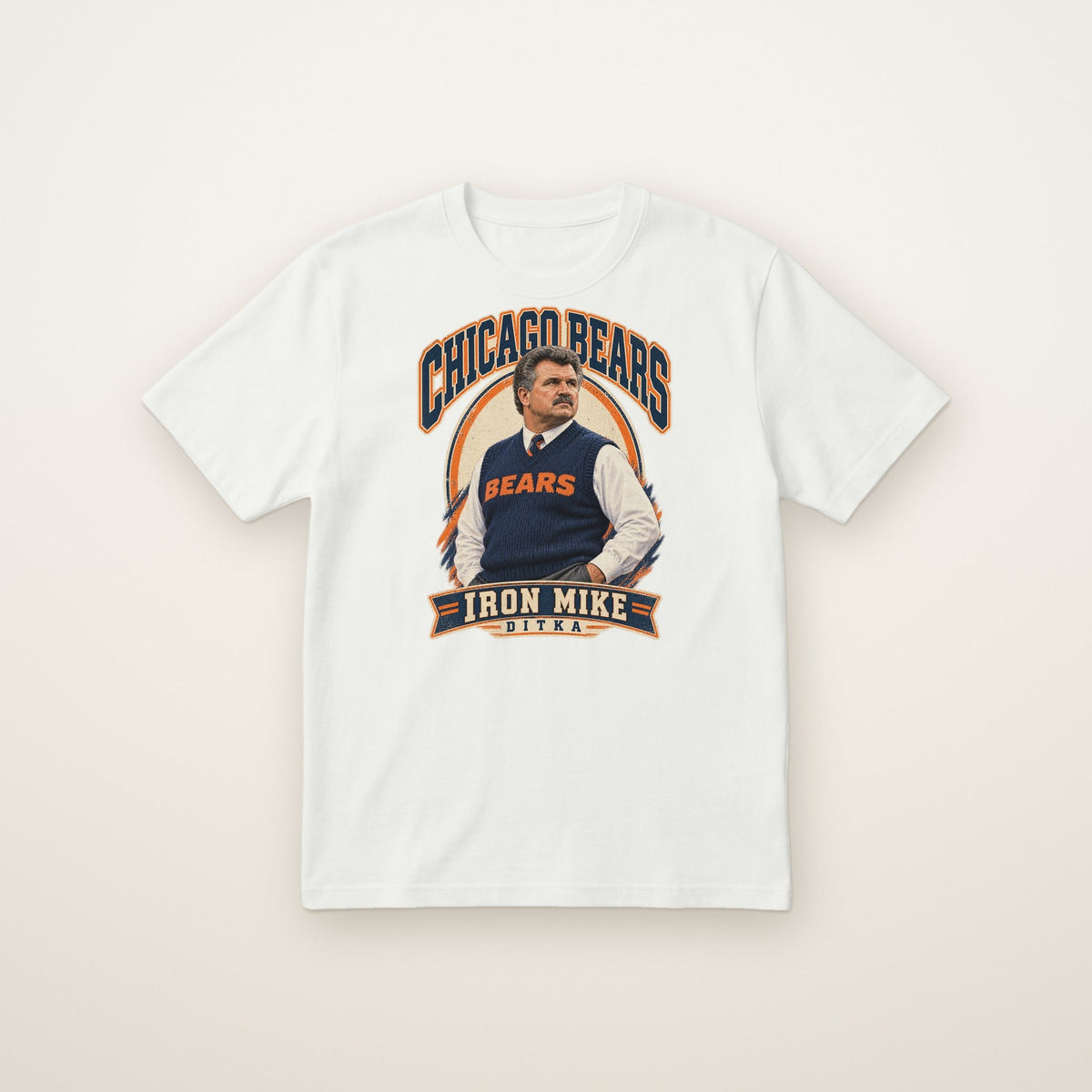 Mike Ditka Iron Mike Tee in White, flat lay on ivory