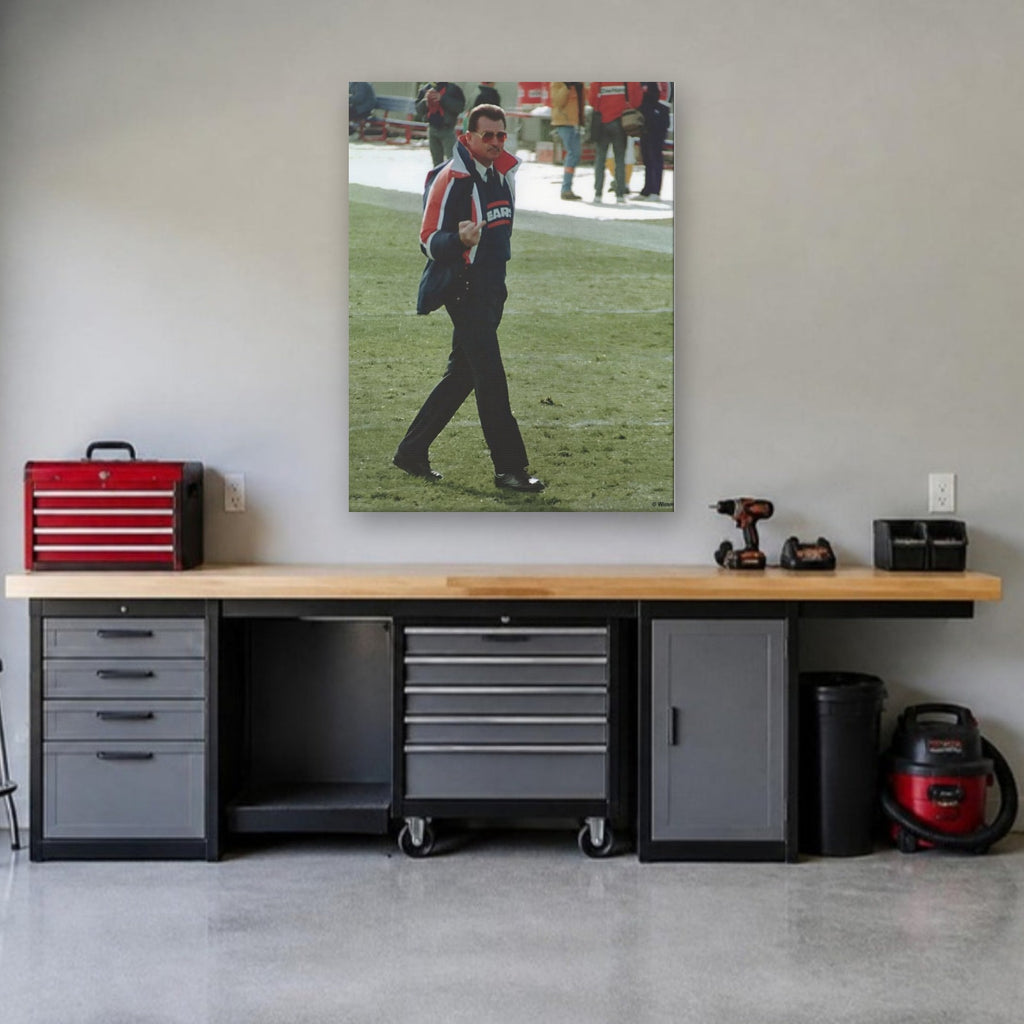 Mike Ditka Middle Finger Photo Canvas | Iron Mike Portrait in a garage workshop