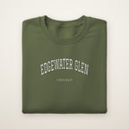 Edgewater Glen Chicago Embroidered Crewneck — White Thread on Military Green