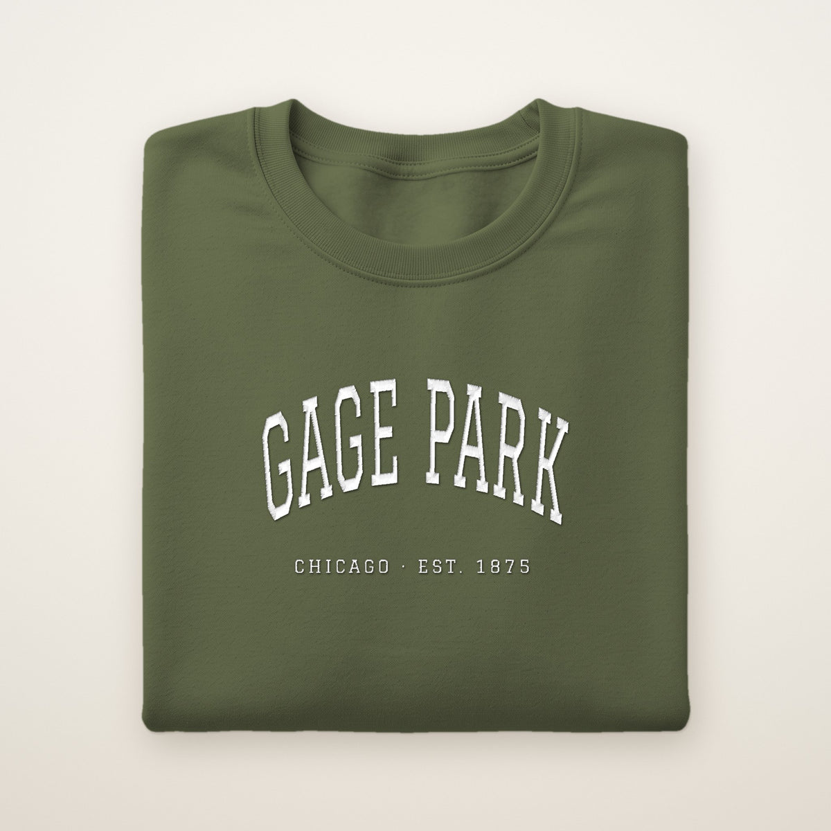 Gage Park Chicago Embroidered Crewneck — White Thread on Military Green