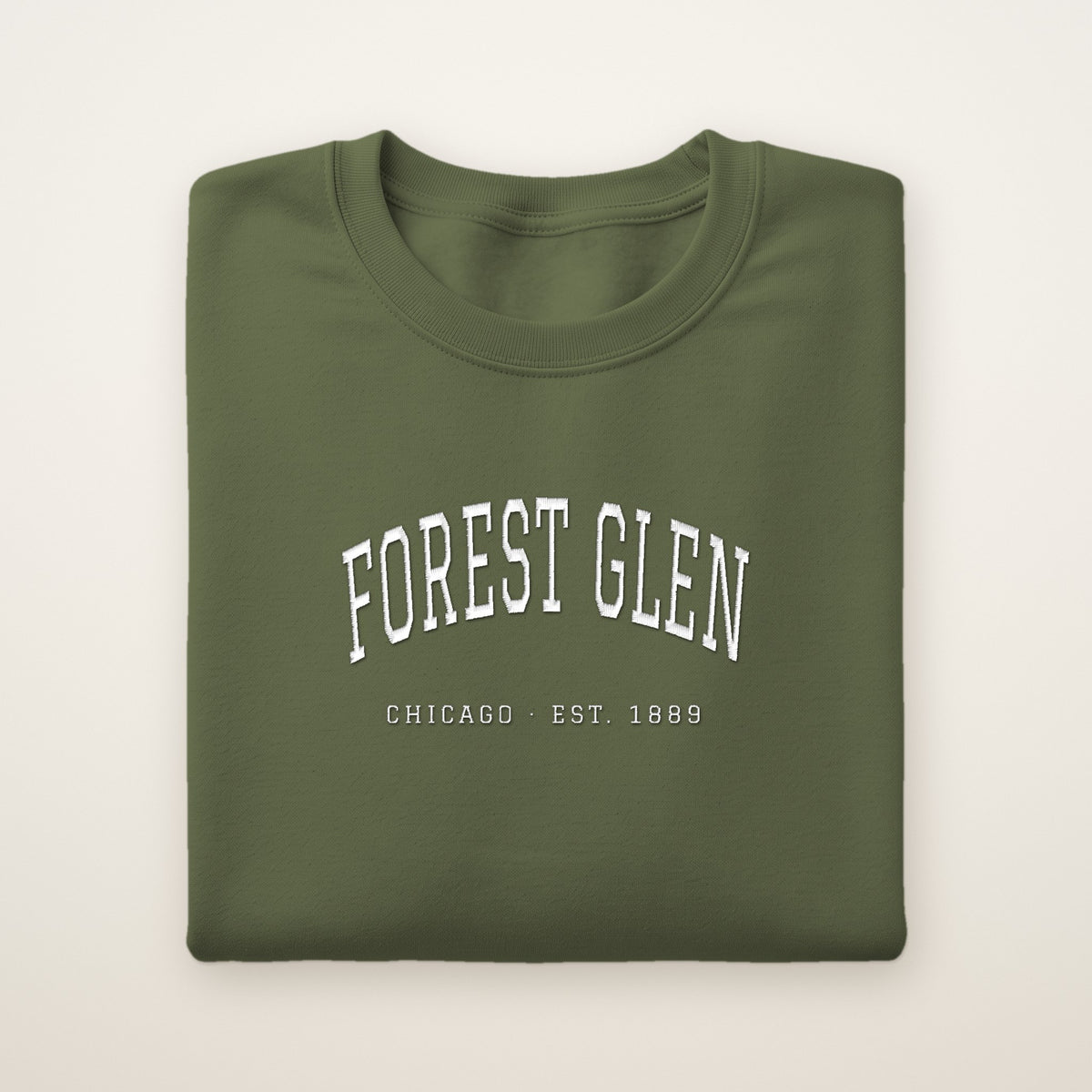 Forest Glen Chicago Embroidered Crewneck — White Thread on Military Green