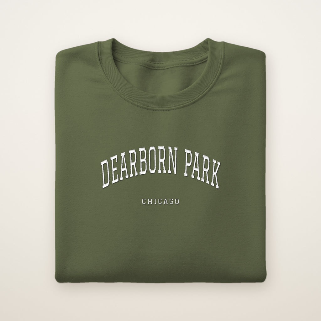 Dearborn Park Chicago Embroidered Crewneck — White Thread on Military Green