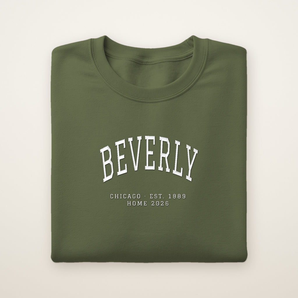 Beverly Chicago Home 2026 Embroidered Crewneck — White Thread on Military Green