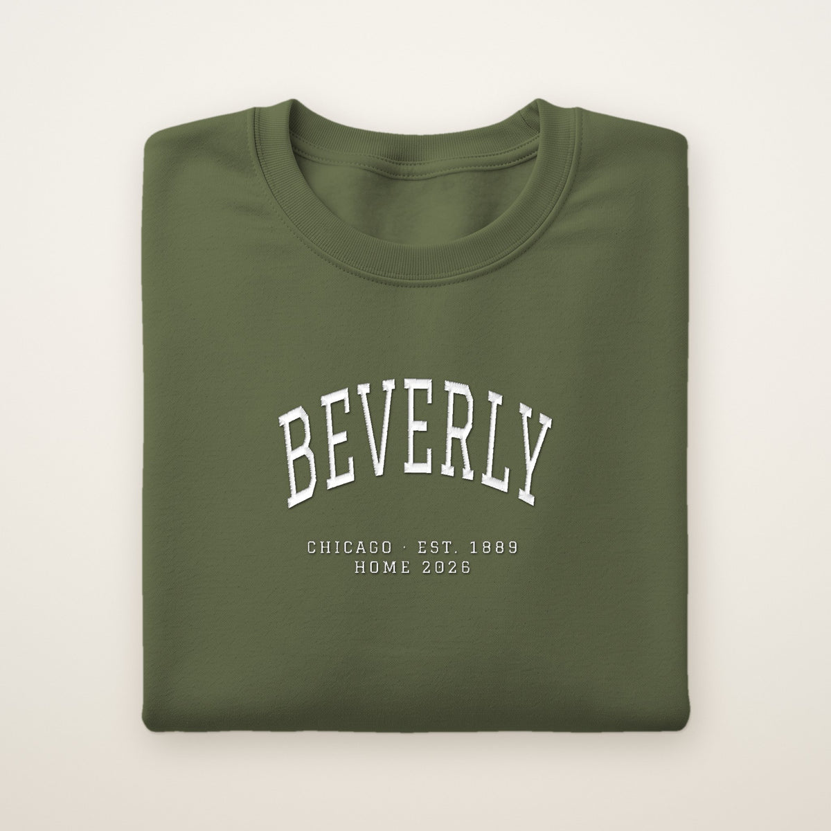 Beverly Chicago Home 2026 Embroidered Crewneck — White Thread on Military Green