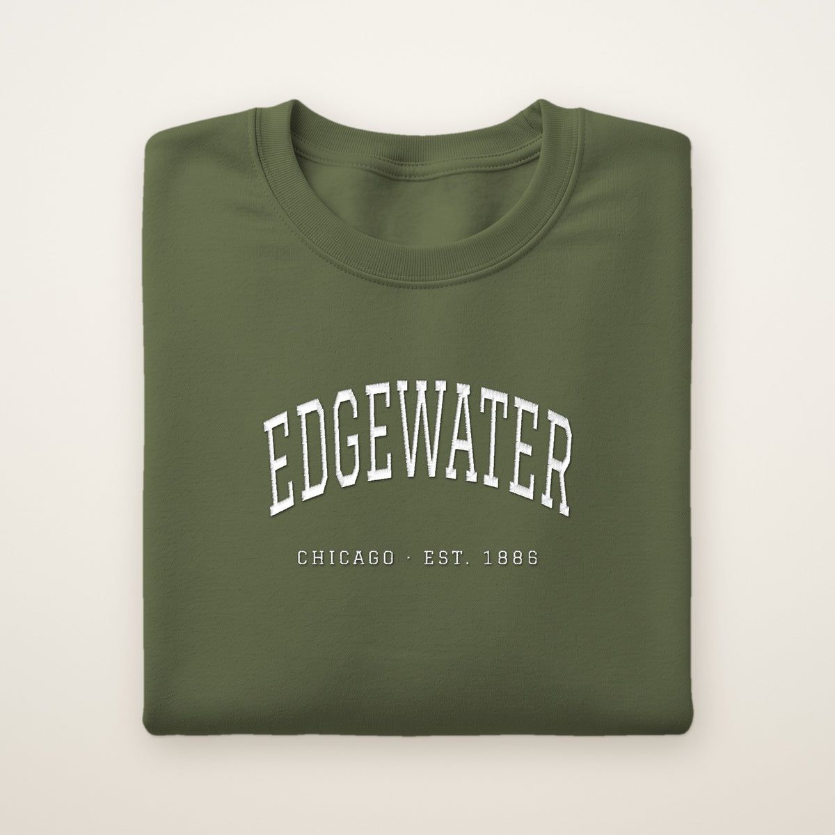Edgewater Chicago Embroidered Crewneck — White Thread on Military Green
