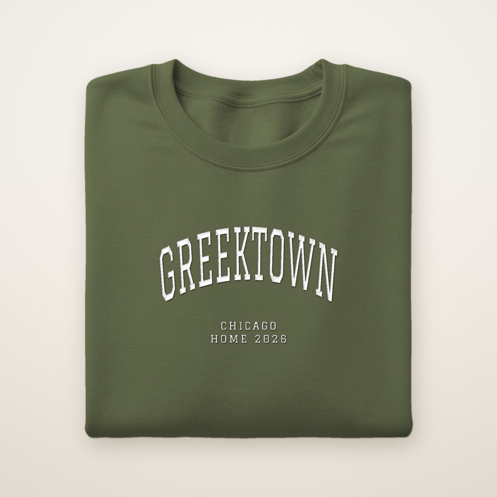 Greektown Chicago Home 2026 Embroidered Crewneck — White Thread on Military Green