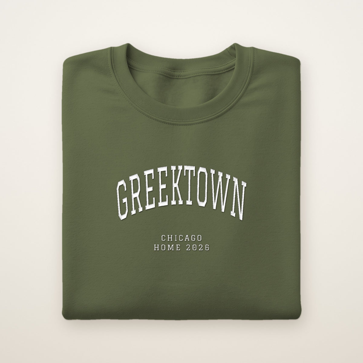 Greektown Chicago Home 2026 Embroidered Crewneck — White Thread on Military Green