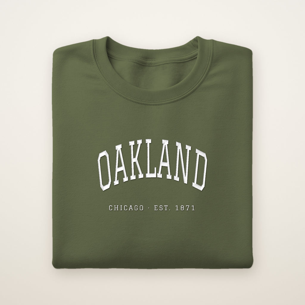 Oakland Chicago Embroidered Crewneck — White Thread on Military Green