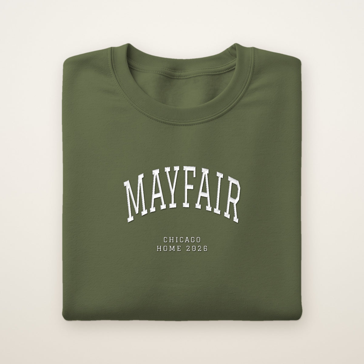 Mayfair Chicago Home 2026 Embroidered Crewneck — White Thread on Military Green