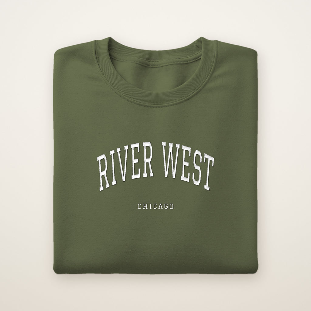 River West Chicago Embroidered Crewneck — White Thread on Military Green