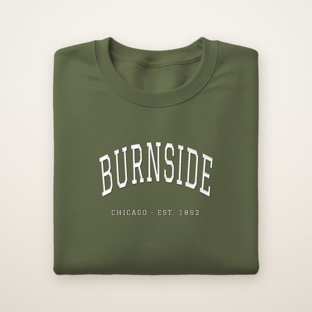 Burnside Chicago Embroidered Crewneck — White Thread on Military Green
