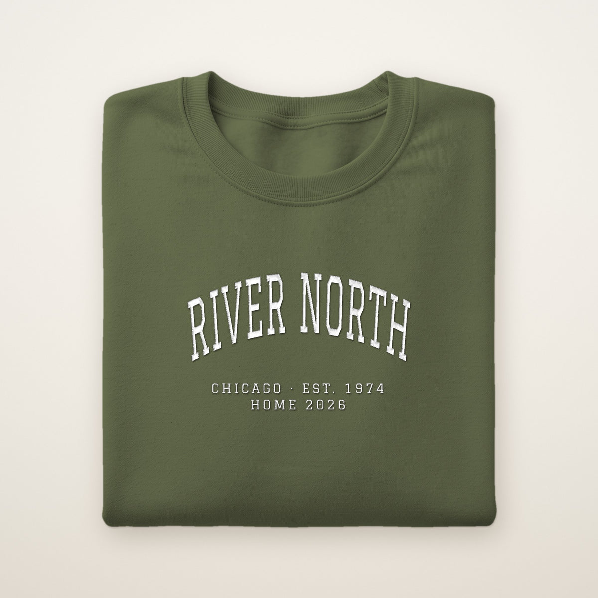 River North Chicago Home 2026 Embroidered Crewneck — White Thread on Military Green