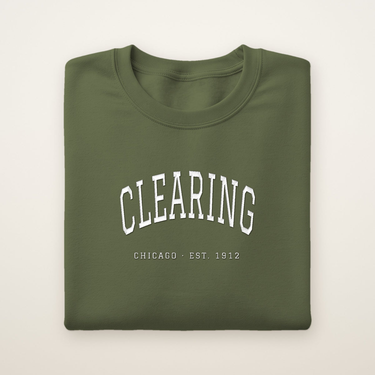 Clearing Chicago Embroidered Crewneck — White Thread on Military Green