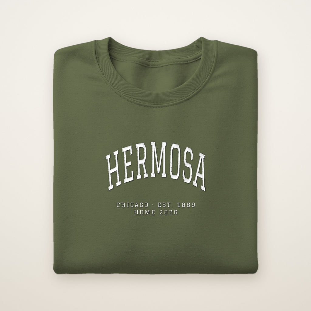 Hermosa Chicago Home 2026 Embroidered Crewneck — White Thread on Military Green